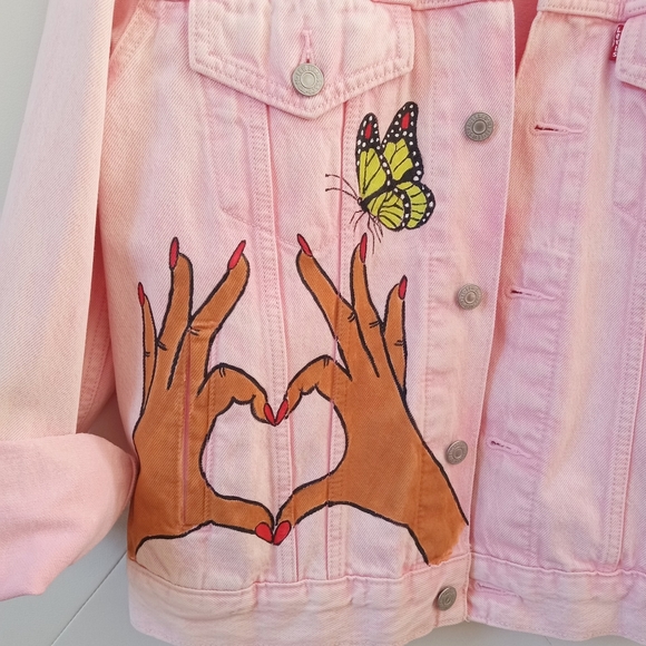 Denim Jacket Hand Painted Levis S Pink New - Picture 11 of 14